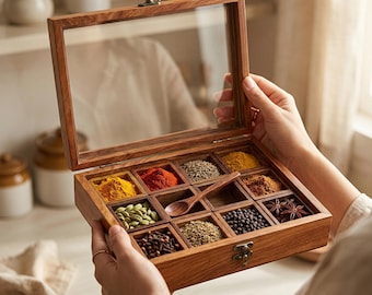 Handmade Wooden Spice Box, Decorative Masala Box, Spice Container, Salt Box, Perfect Gift for Her, Mom - 12 Detachable Containers with Lid
