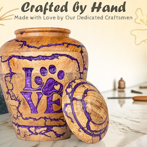 Personalized  Handmade Wooden Urn For Dog Ashes, Custom Dogs Urn, Cat Urn, Pet cremation Urn Box, Purple Resin Artwork, Memorial Dog Ash Urn