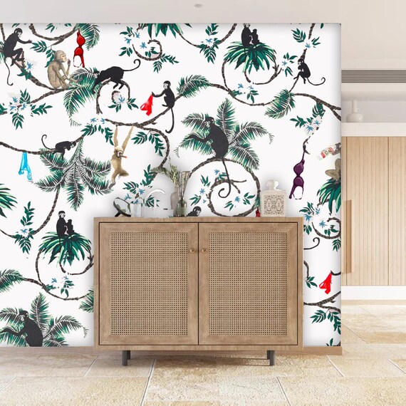 Buy Extra Large Monkeys on Trees Wallpaper Green and White Online in India   Etsy