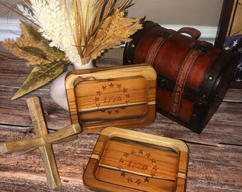 Solid Teak  Hardwood 1776 Patriotic Catch-All Tray - Keep Your Essentials Organized in Style. Red White Blue Patriotic Decor American Themed