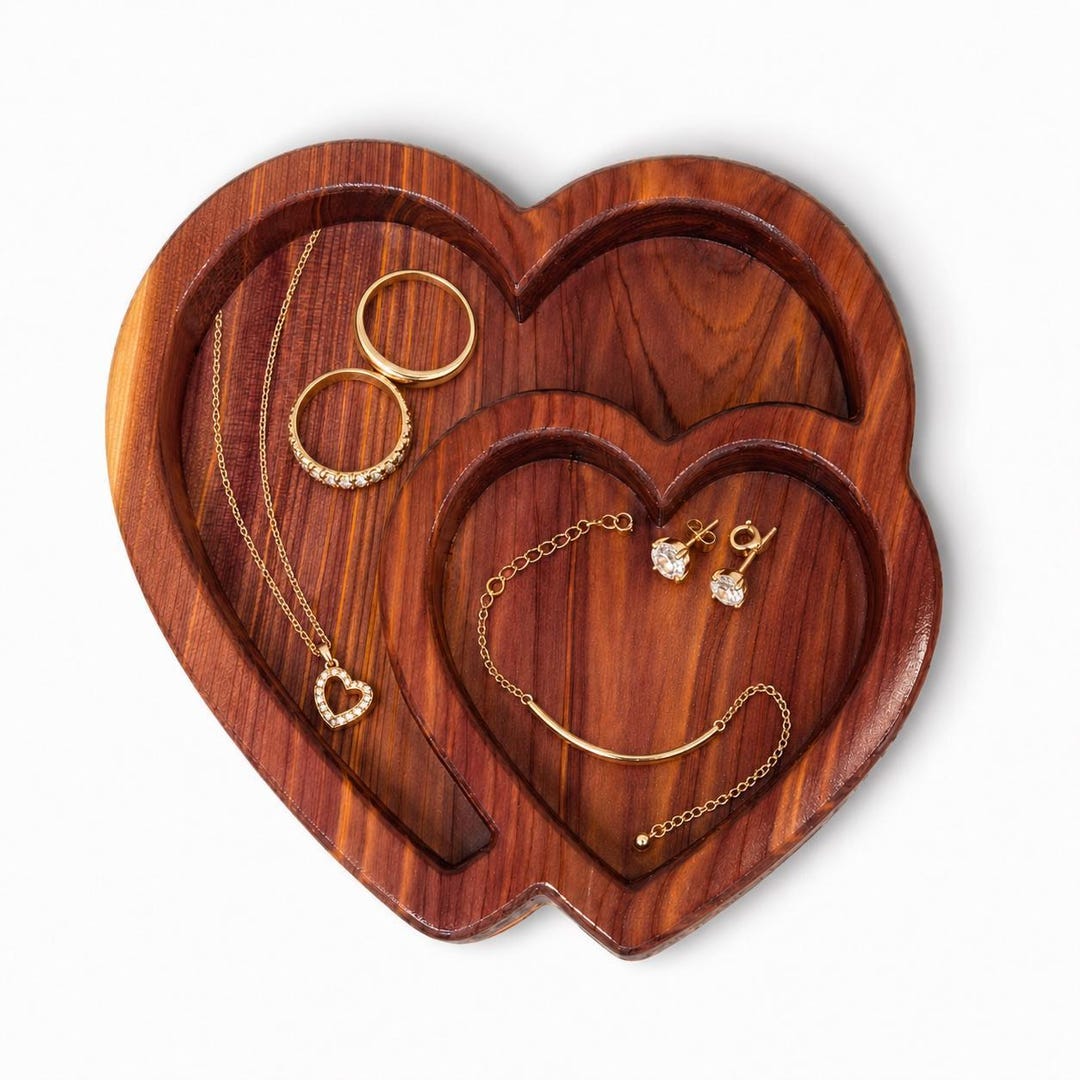 Heart Jewelry Box Cedar Keepsake Wooden Ring Dish Rustic Tray