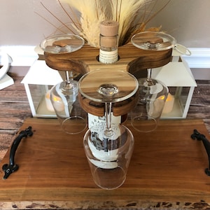 Wine Glass Holder Caddy Three Glass Handcrafted Teak Wood Stylish Rack for Wine Bottles and Glasses, Perfect for Entertainment or Party Gift