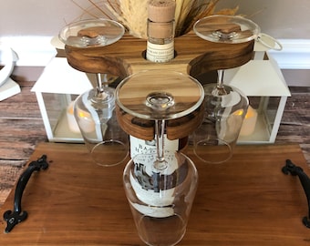 Wine Glass Holder Caddy Three Glass Handcrafted Teak Wood Stylish Rack for Wine Bottles and Glasses, Perfect for Entertainment or Party Gift