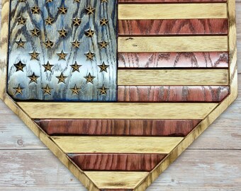 Softball Home Plate American Flag – Wood Patriotic Wall Art – 4th of July Decor – Rustic Man Cave Sign – Sports Fan Gift – USA Flag Sign