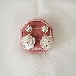 Enamel Camellia Dangle Earrings with Pearls and Zircons/Flora Dangle Earrings/Petal Dangle Earrings