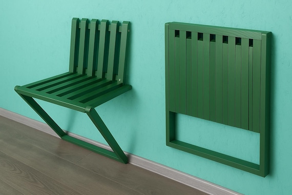 Wall Mounted Folding Wooden Chair – Space Saving Foldable Seat for Hallway, Balcony, Kitchen – Solid Wood, Minimalist Design, Green