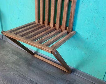 Wall-mounted folding chair for hallways.Hallway bench transformer.Natural wood, handmade, Brown