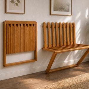 Banco plegable que ahorra espacio, banco de roble macizo, banco de entrada, banco de pared de madera, muebles minimalistas para el pasillo.