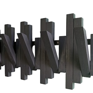 Può includere: Un appendiabiti in legno nero con più ganci angolari. L'appendiabiti è realizzato in legno massello e ha un design rustico e moderno.