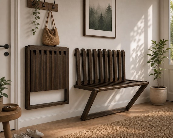 Folding Wall Bench Seat, Space Saving Entryway Bench, Solid Wood Foldable Chair, Small Apartment Furniture, Handmade Ash Wood Bench