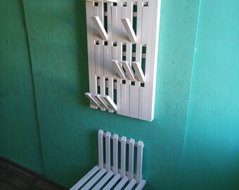 Wall-mounted organizer + Hallway bench transformer, coat rack, natural wood, for clothing, jackets. White