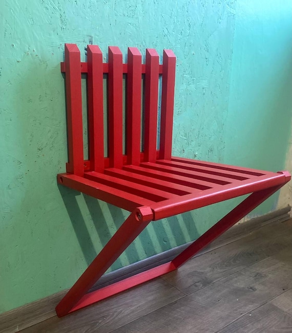 Wall-mounted folding chair for hallways.Hallway bench transformer.Natural wood, handmade, Red