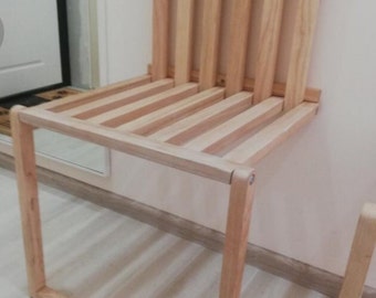Transformador de banco de pasillo, silla plegable. Madera natural, hecha a mano.