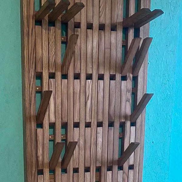 Wall-mounted organizer, coat rack, natural wood, brown. Original hanger. Ash hanger. Piano
