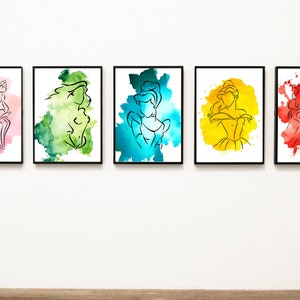 Watercolour Princess Art Print Set of 5 for Girls Room, Princess Wall Art, Belle, Snow White, Ariel, Sleeping Beauty, Cinderella