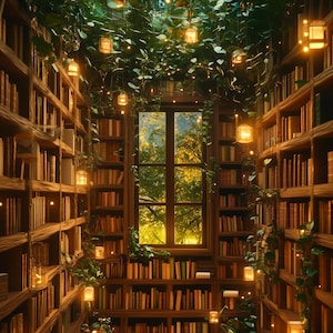 Könnte beinhalten: Ein Bücherregal aus Holz, gefüllt mit Büchern, ist von üppigen grünen Ranken und leuchtenden Lichtern umgeben. Das Bücherregal befindet sich in einem Raum mit einem großen Fenster, das auf einen Wald blickt.