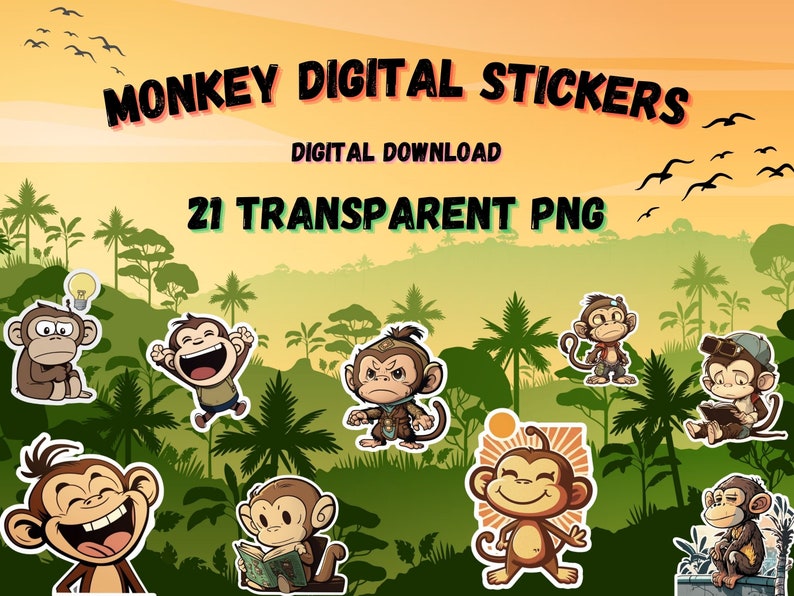 Monkey Digital Stickers, Planner PNG Set (21 Stickers) - Etsy