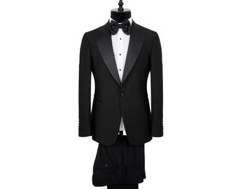 Black Natural Silk Sateen Peak Lapel - Black Ceremony Suit