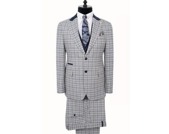 Pure Wool Beige- Blue / Gray-Blue Chaked Suit