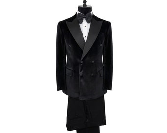 Black Natural Silk Sateen Peak Lapel Velvet Ceremony Suit