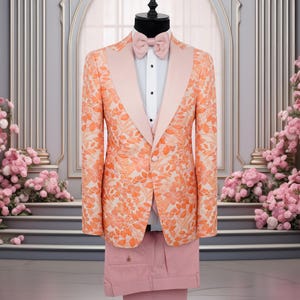 Pink Natural Silk Sateen Peak Lapel - Orange Flower Pattern Ceremony Suit