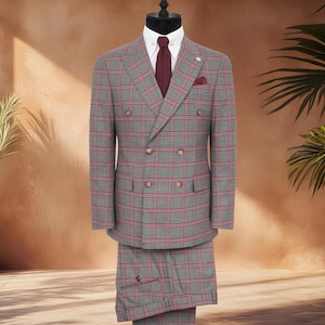 Mix Wool Double Breasted Beige - Orange Chacked Suit (Big Size Options)