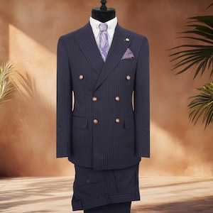 Mix Wool Double Breasted Navy - Fushia Striped Suit (Big Size Options)