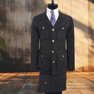 Black Gabrdine Pure Wool Safari Suit