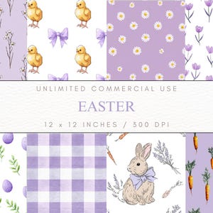 Może przedstawiać: Kolekcja cyfrowych papierów wielkanocnych w odcieniach fioletu i bieli. Wzory obejmują pisklęta, kokardy, stokrotki, tulipany, jajka, królika, marchewki i wzory w kratę. Tekst brzmi „NIEOGRANICZONE UŻYCIE KOMERCYJNE” i „WIELKANOC”. Każdy papier ma wymiary 30,48 x 30,48 cm.