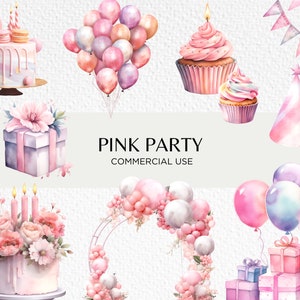 Pink Birthday Party Watercolour Clipart Bundle, 20 Transparent PNG 300 dpi, Cute Birthday Cake, Balloons, Digital Download, Commercial Use