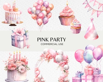 Rosa Geburtstagsparty Aquarell Clipart Bundle, 20 transparente PNG 300 dpi, süße Geburtstagstorte, Luftballons, digitaler Download, kommerzielle Nutzung