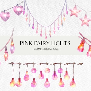 Pink Fairy Lights Aquarel Clipart Bundel, 18 Transparante PNG 300 dpi, Kleurrijke String Lights, Bollen, Digitale Download, Commercieel Gebruik