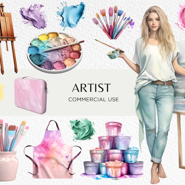 Künstler Aquarell Clipart Bundle, 18 transparente PNG 300 dpi, Pastell Kunst Liefert, süße Künstler, Maler, digitaler Download, kommerzielle Nutzung