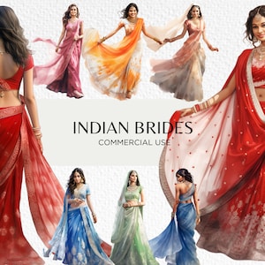 Pacote de clipart em aquarela de noivas indianas, 18 PNG transparentes 300 dpi, vestidos de casamento asiáticos, noiva linda, download digital para uso comercial