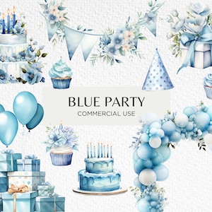 Blaue Geburtstagsparty-Aquarell-Cliparts, 20 transparente PNG 300 dpi, süße Geburtstagstorte, Pastellballons, digitaler Download, kommerzielle Nutzung