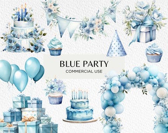 Blue Birthday Party Watercolour Clipart, 20 Transparent PNG 300 dpi, Cute Birthday Cake, Pastel Balloons, Digital Download, Commercial Use