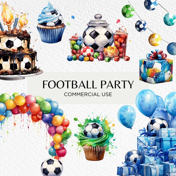 Clipart aquarelle fête football, 20 PNG transparents 300 dpi, thème anniversaire football, arche de ballons, gâteau, téléchargement numérique, usage Commercial