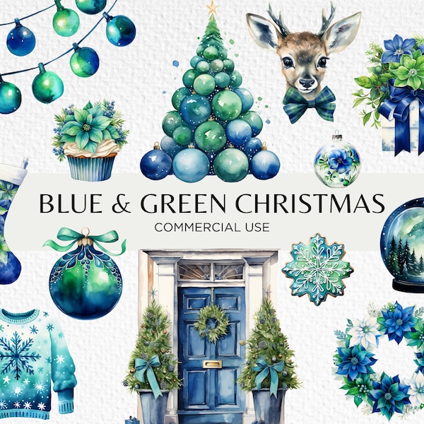 Blue And Green Christmas Watercolour Clipart, 20 Transparent PNG 300 dpi, Cute Teal Xmas, Turquoise Baubles, Digital Download Commercial Use