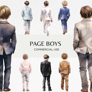 Pagina jongens aquarel clipart bundel, 16 transparante PNG 300 dpi, schattige jongen draagt pak, weergave van achteren, digitale download, commercieel gebruik