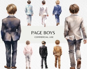 Page Boys Watercolour Clipart Bundle, 16 Transparent PNG 300 dpi, Cute Boy Wearing Suit, View From Behind, Digital Download, Commercial Use