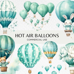 Niedliche grüne Heißluftballons Aquarell Clipart, 20 transparente PNG 300 dpi, Teddybär im Heißluftballon, digitaler Download, kommerzielle Nutzung