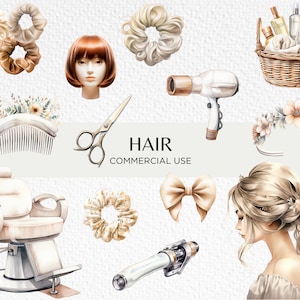 Pacote de clipart aquarela de cabelo, 20 PNG transparentes 300 dpi, acessórios de cabelo fofos, negócios de cabeleireiro, download digital para uso comercial