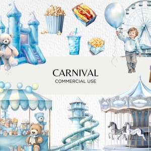 Aquarel carnaval clipart bundel, 18 transparante PNG 300 dpi, schattige carrousel, blauw circus, vuurwerk nacht, digitale download commercieel gebruik