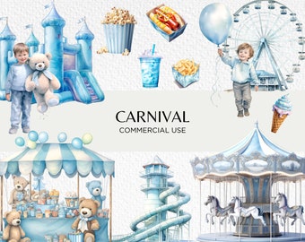 Aquarell Karneval Clipart Bundle, 18 transparente PNG 300 dpi, niedliches Karussell, blauer Zirkus, Feuerwerk Nacht, digitaler Download kommerzielle Nutzung