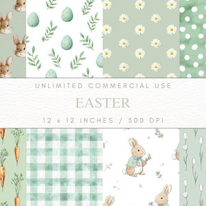 May include: A selection of Easter-themed digital papers. Designs feature bunnies, eggs, carrots, daisies, and gingham patterns in soft pastel colours. The text reads "UNLIMITED COMMERCIAL USE" and "EASTER". Each paper is 30.48 x 30.48 cm at 300 DPI.
