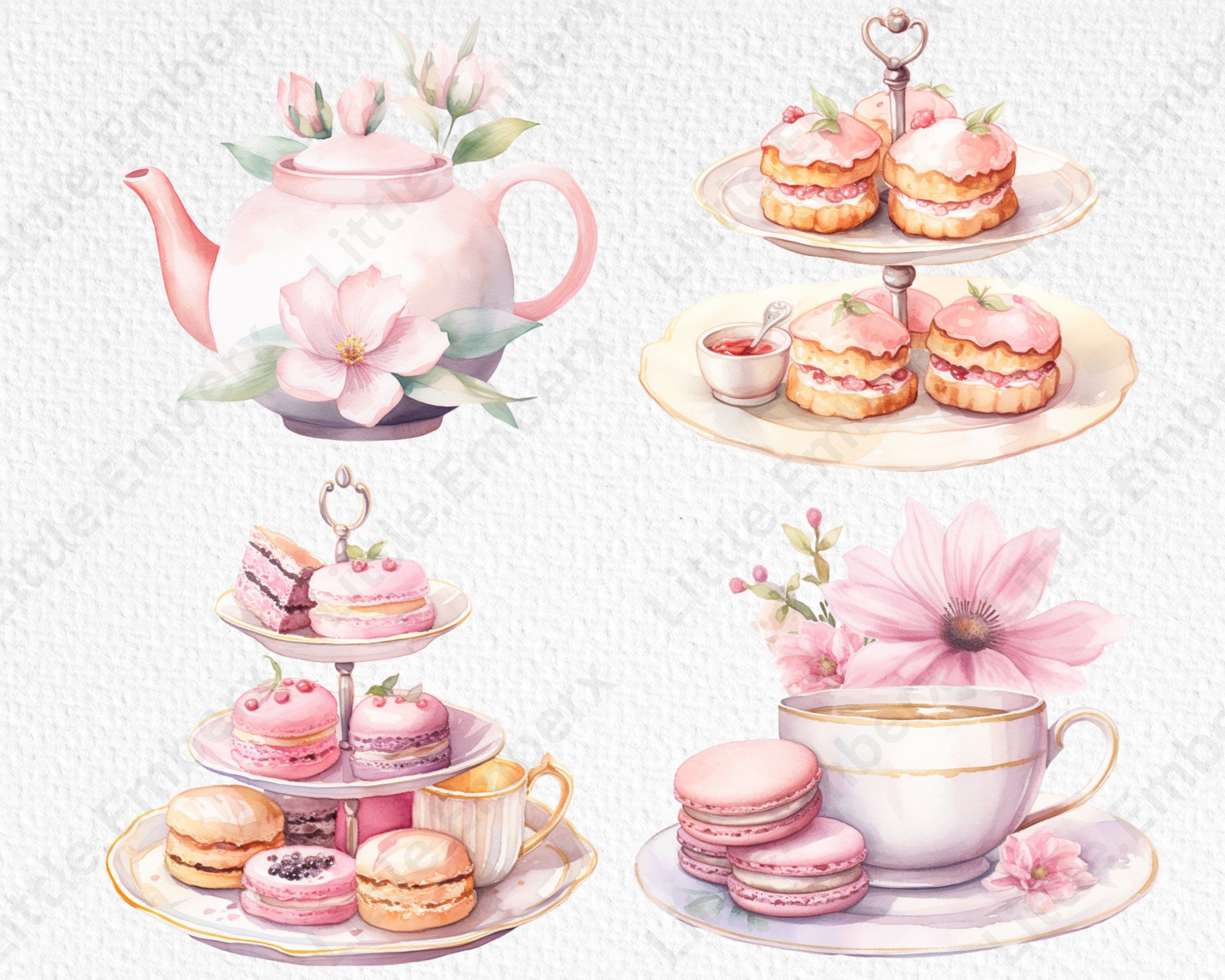 Afternoon Tea Watercolour Clipart, 20 Transparent PNG 300 Dpi, Pink Tea ...
