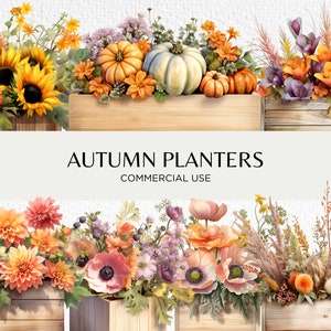 Aquarel herfst plantenbakken clipart bundel, 18 transparante PNG-afbeeldingen 300 dpi, bloemen houten plantenbak, digitale download, commercieel gebruik