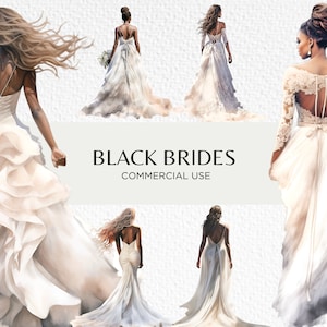 Paquete de imágenes prediseñadas de acuarela de novia negra, 18 PNG transparente 300 dpi, hermosos vestidos de novia desde atrás, descarga digital, uso comercial