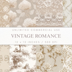 May include: A collection of vintage-style digital papers with floral and ornamental patterns in beige and cream tones. The text "VINTAGE ROMANCE" is displayed, along with the dimensions 12 x 12 inches and 300 DPI.