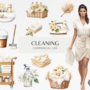 Leuke schoonmaak clipart, neutrale lenteschoonmaak, 20 transparante PNG 300 dpi, schoner, Wasserij, huishouden, digitale download, commercieel gebruik